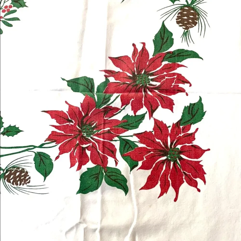 Vintage Christmas Tablecloth Printed Cotton 1960's Festive Red Green 58